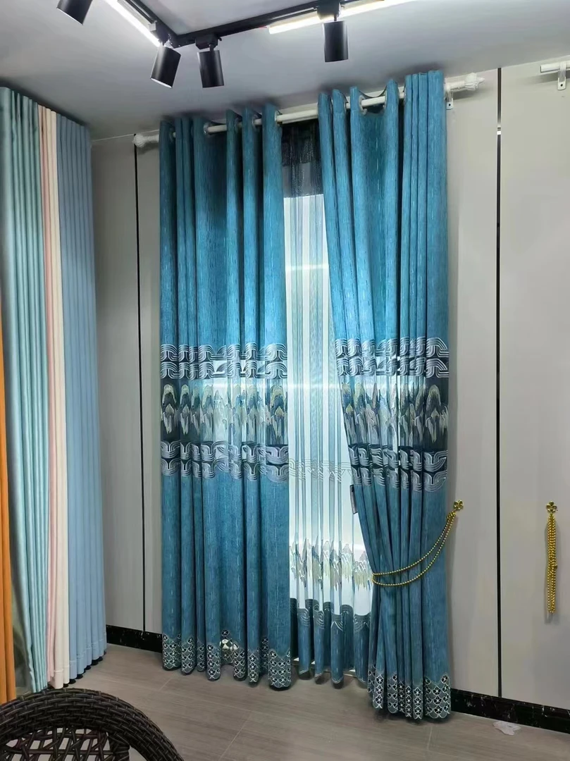 新中式重工刺绣大镂空水墨兰亭客厅窗帘