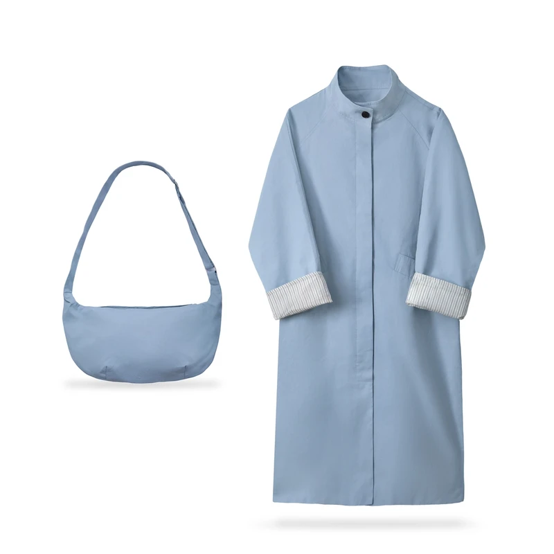 新款风衣2025立领条纹翻袖中长款风衣外套女【送同色包包】