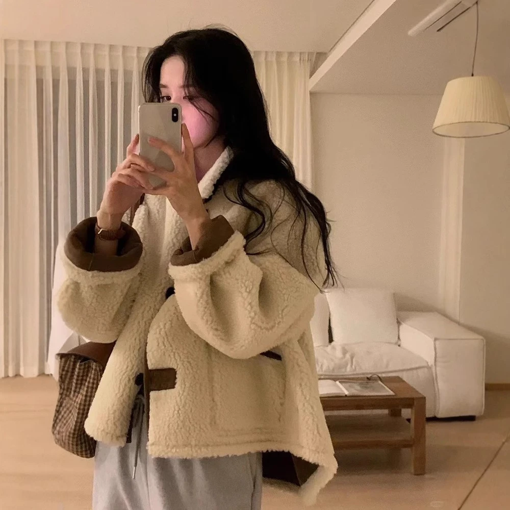 obj*t 短款拼接皮毛一体外套a字宽松休闲秋冬高级感毛毛大衣