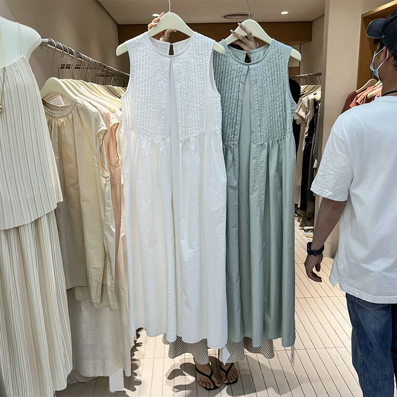 十三行法式小众圆领无袖压褶宽松显瘦长款纯色高级感背心连衣裙夏