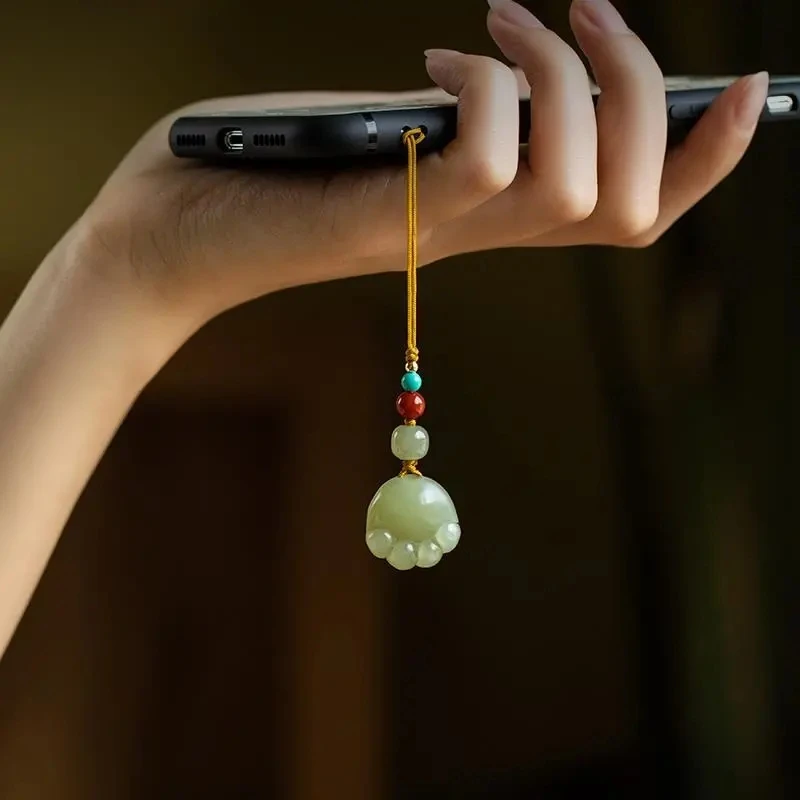 手机链和田玉招财猫爪手机挂件女士挂饰玉石吊挂坠中国风手机挂链