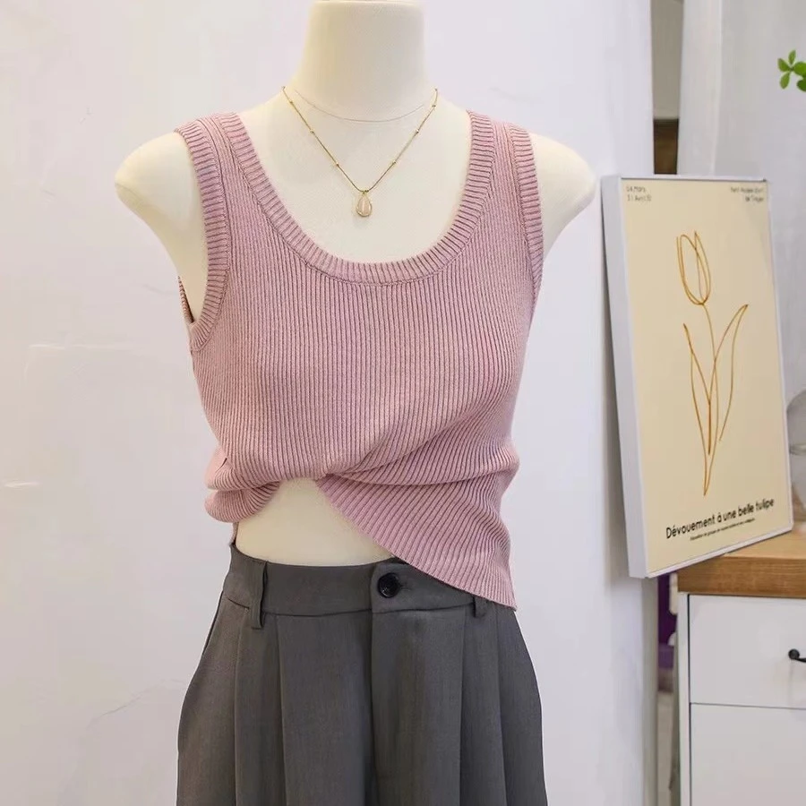 高级感内搭纯色宽肩带U领针织吊带背心女修身短款打底小衫遮副乳