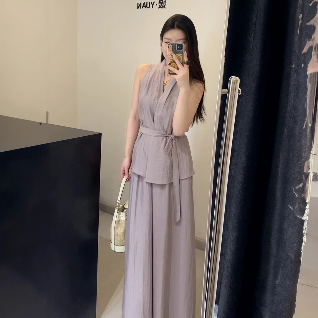 气质老钱风V领收腰套装2025收腰亚麻宽松上衣+阔腿裤波西米亚套装