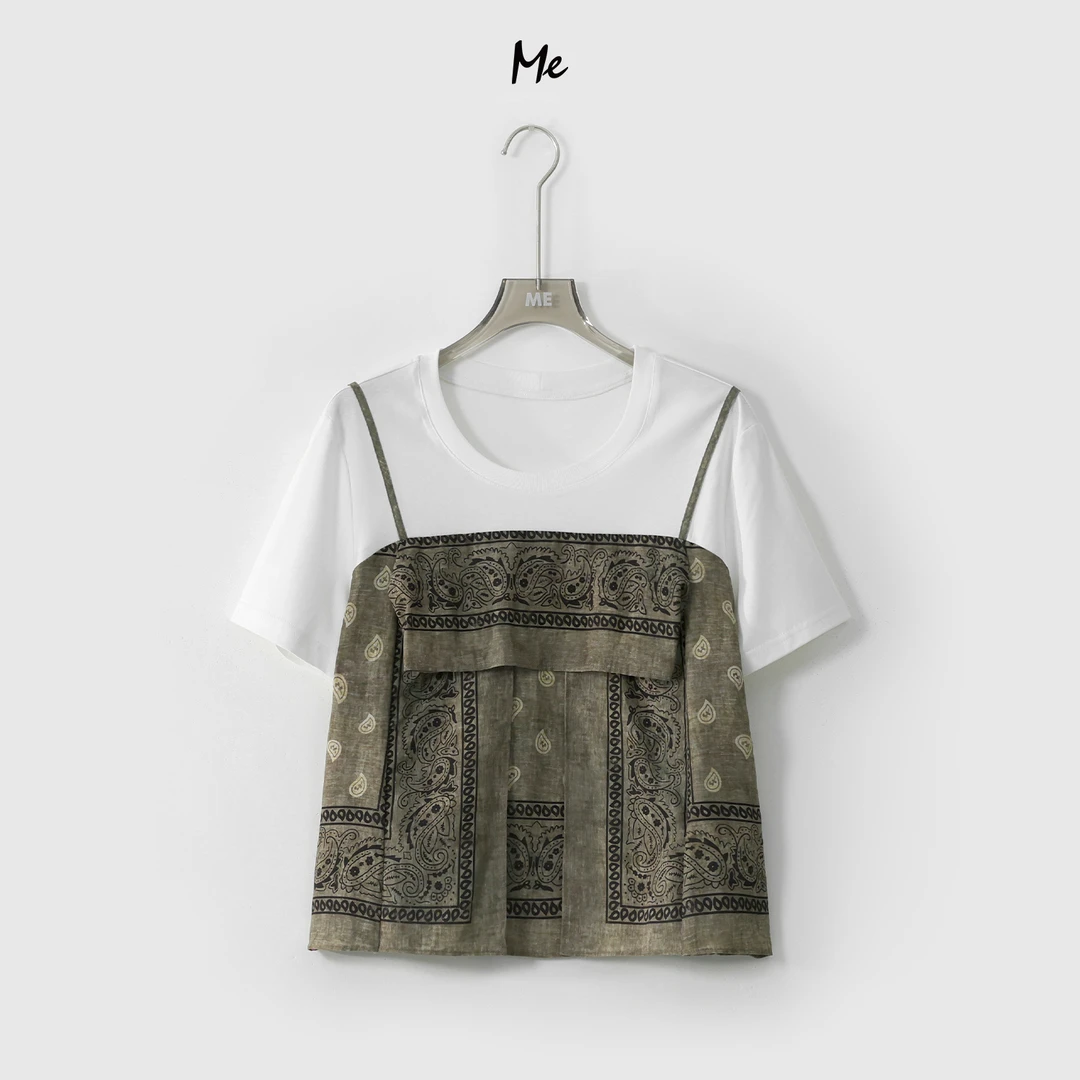 ME【腰果花假两件T】亚麻天丝混纺艺术印花显瘦百搭上衣MESS4729