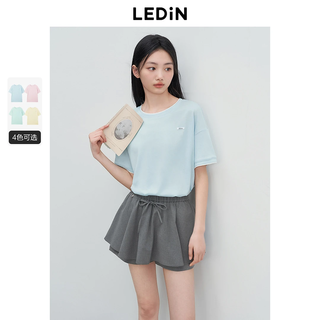 乐町马卡龙色简约短袖T恤2266