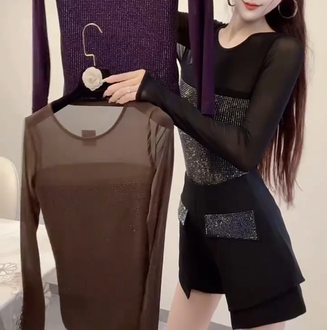 高级感重工钻蕾丝网长袖打底衫