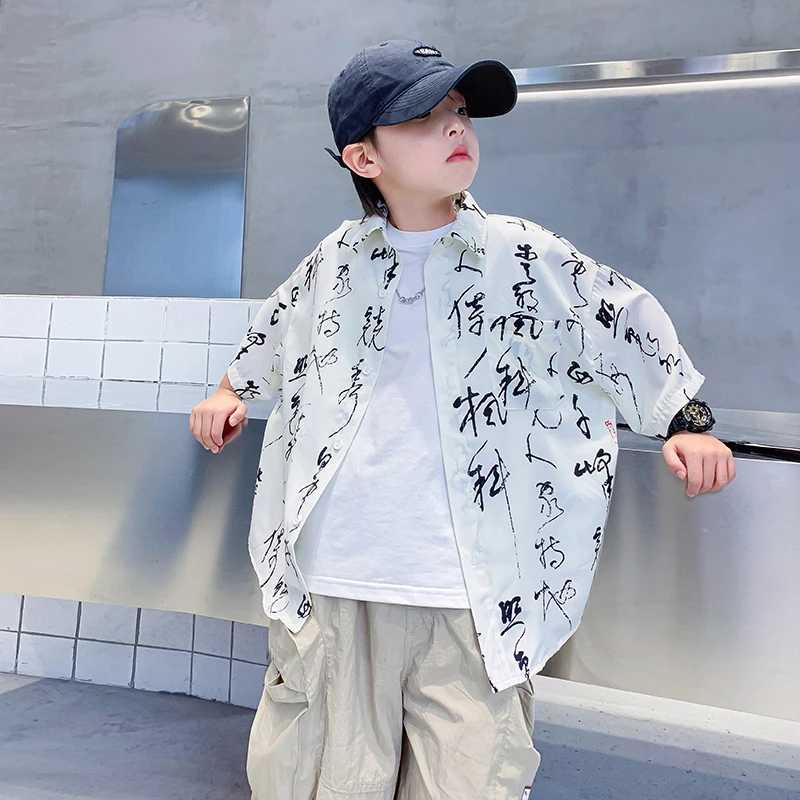 男大童夏季国潮防晒七分袖冰丝衬衫2025新款男孩痞帅衬K242CS4290