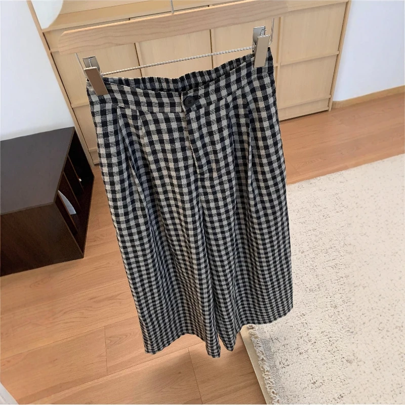 日系复古格子设计感阔腿裤女夏季薄款宽松百搭休闲风垂感九分裤子