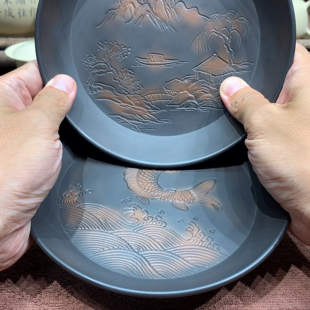 岁***茶泥塑放漏浮雕壶承两个