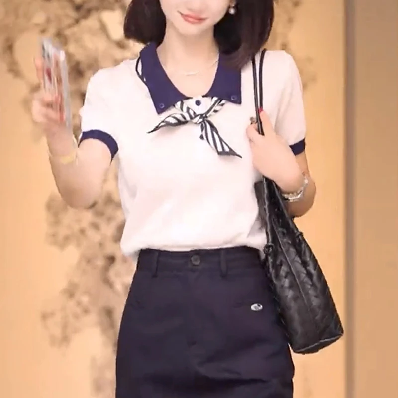 韩版撞色Polo领刺绣短袖T恤女夏季2025新款洋气减龄百搭显瘦上衣