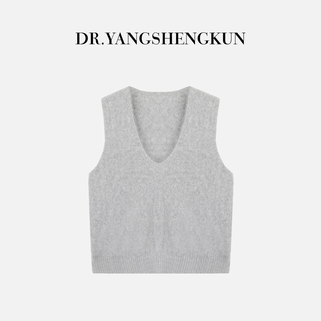 杨圣坤2025新品羊毛羊绒混纺纯色拉绒V领针织背心女SQ259431