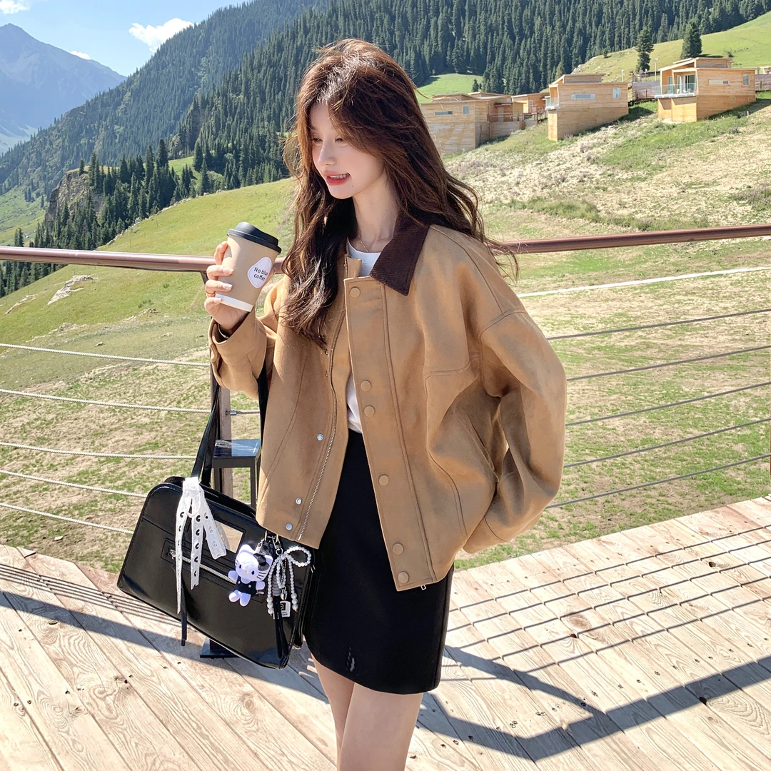 撞色翻领麂皮绒外套女2025春秋季新款复古巴恩风宽松短款工装夹克