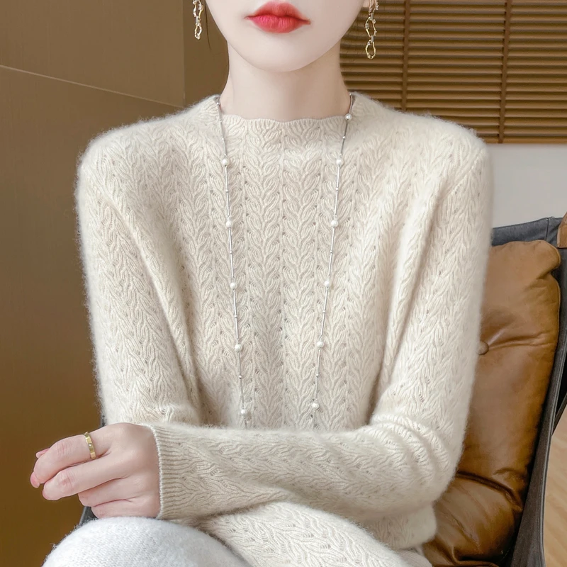 chao 柔~100纯羊毛镂空半高领百搭简约时尚纯色长袖套头针织衫