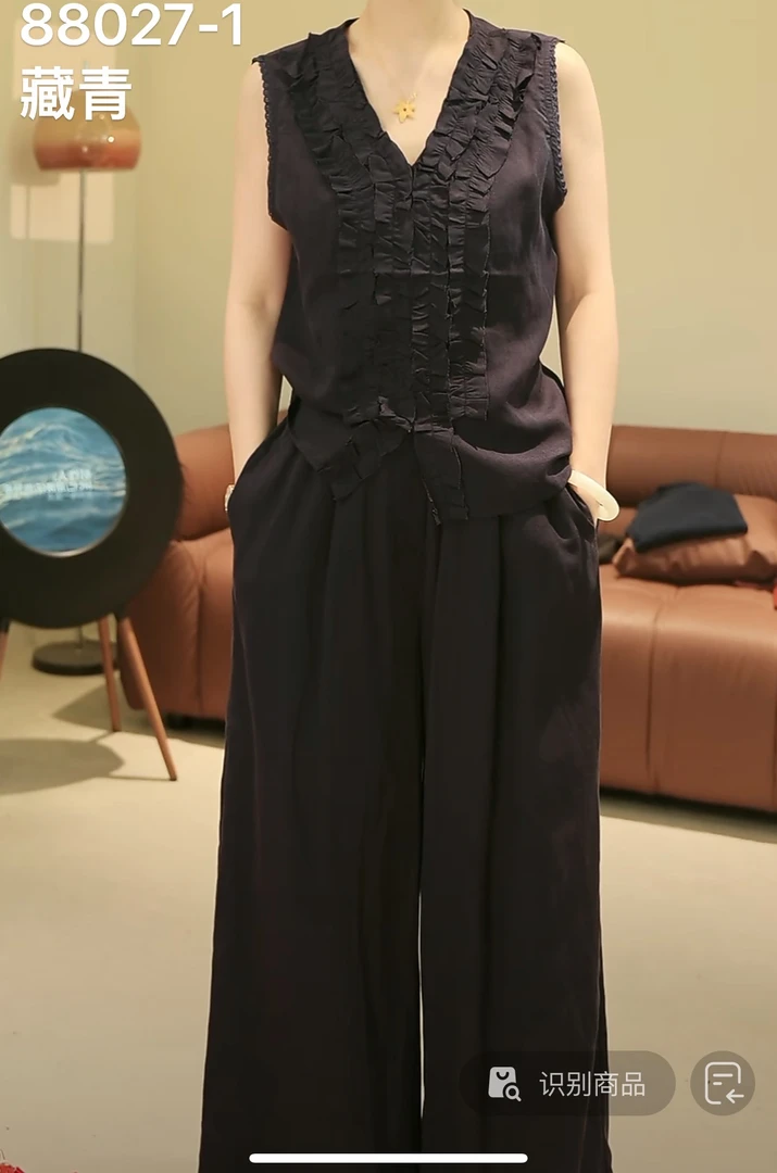 88027-1（裤长98cm左右） SANFAN  新款V领无袖领口木耳边长裤套装