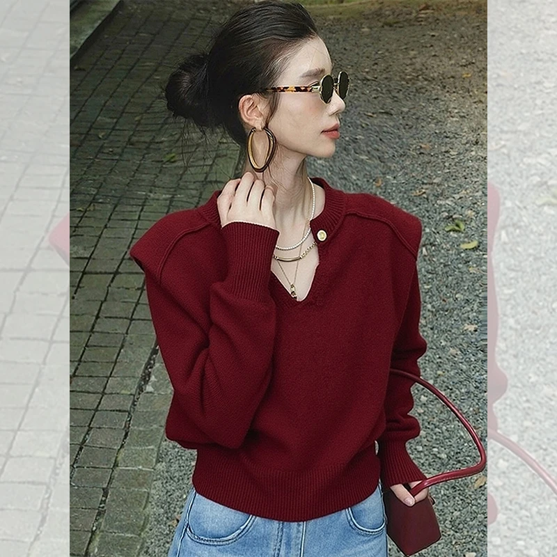 新款潮牌女装小众炸街高级感秋冬季小个子红色v领长袖针织衫上衣