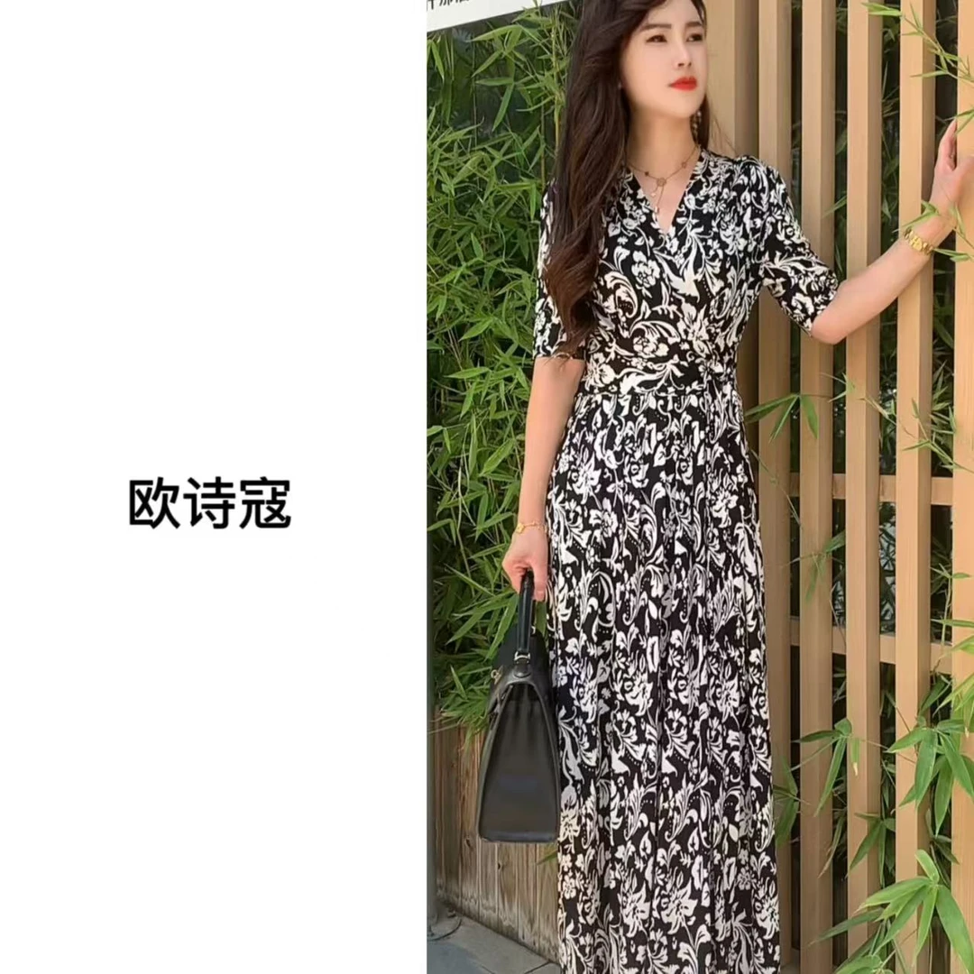 3391黑白花气质显瘦夏季短袖长款显高连衣裙