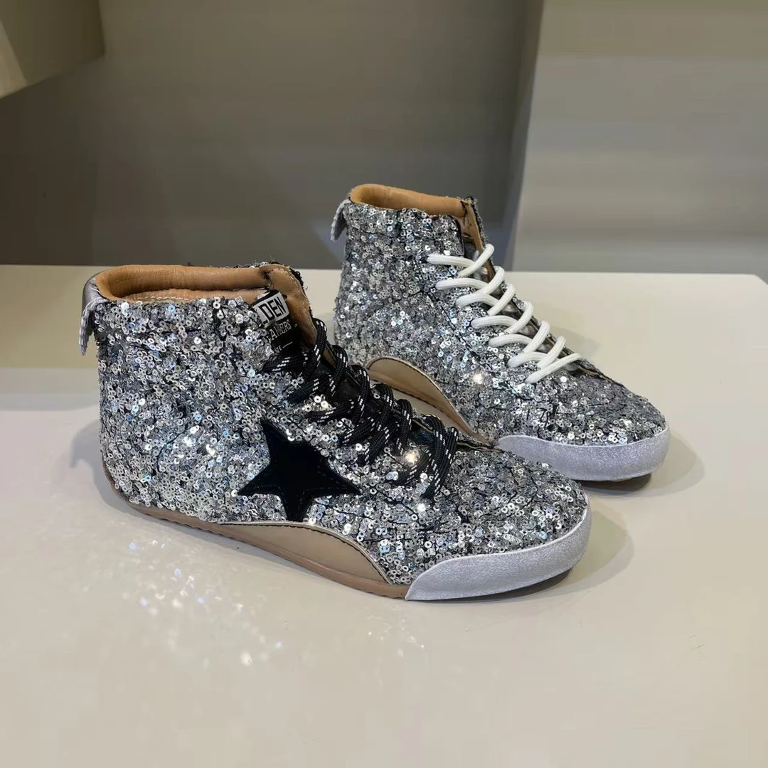 韩版复古亮片小脏鞋女鞋做旧星星脏脏鞋高帮2025夏新款系带休闲鞋