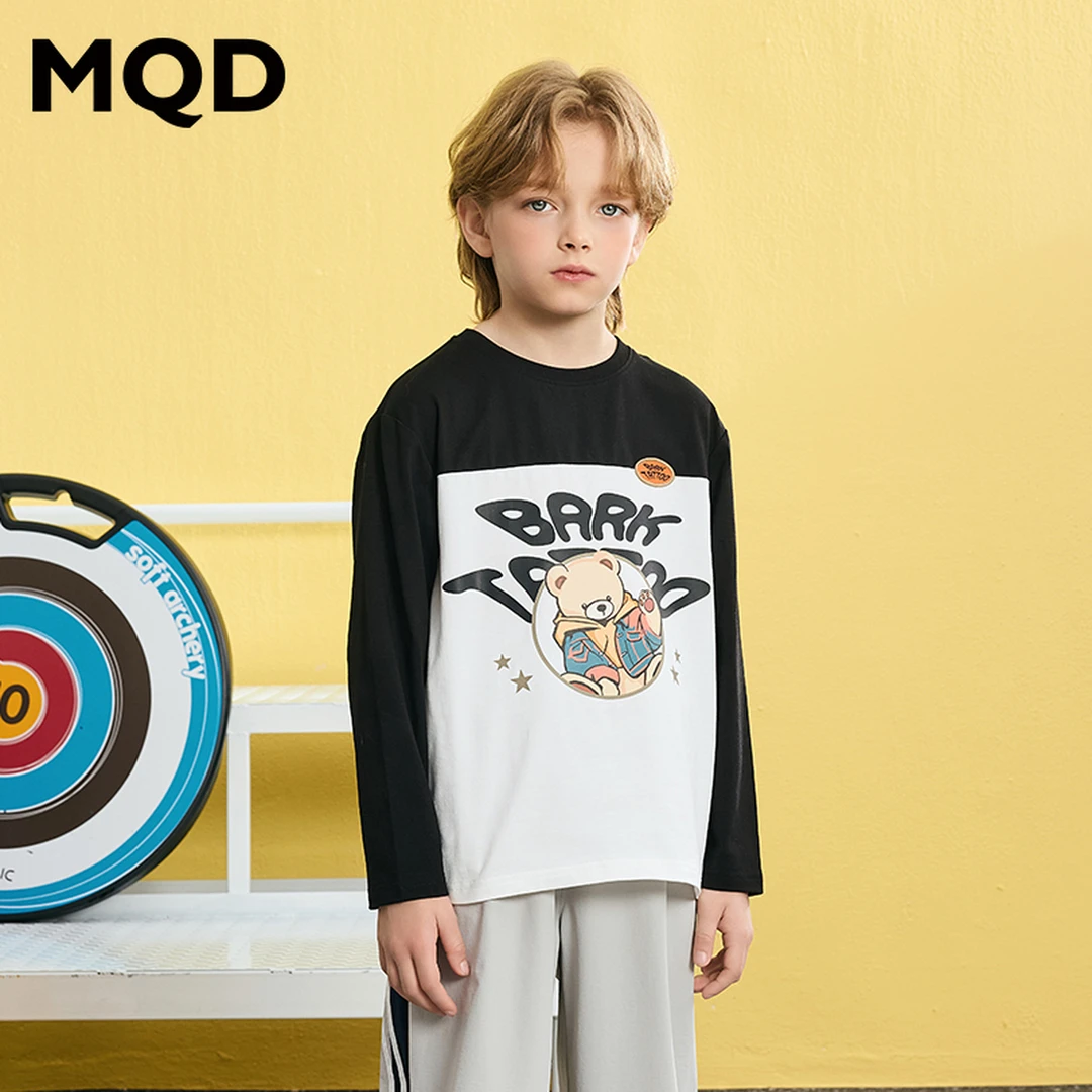 MQD童装25春新品学院风拼色卡通运动休闲内搭长袖T恤9651W0315