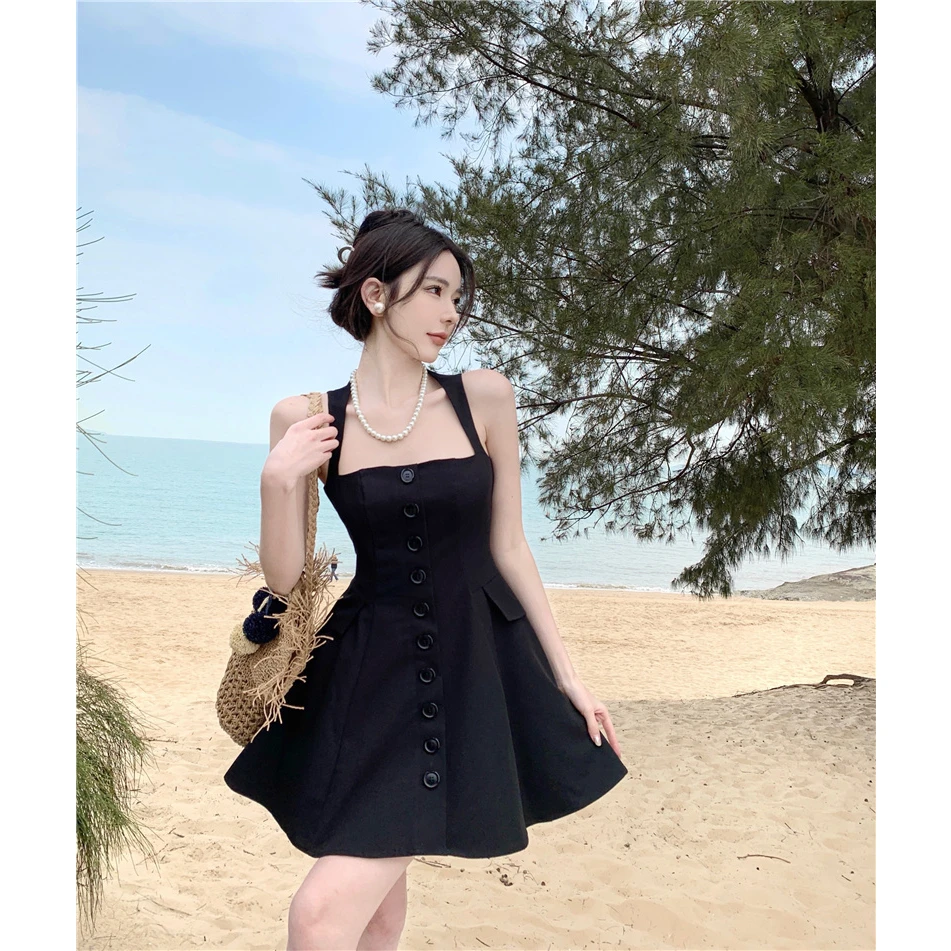 实拍实价~ 甜辣风夏新款无袖收腰显瘦方领吊带连衣裙赫本裙小众