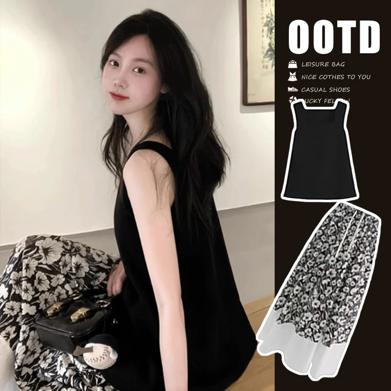 孕妇装夏日多巴胺穿搭时尚洋气减龄无袖碎花半身裙夏季2025套装