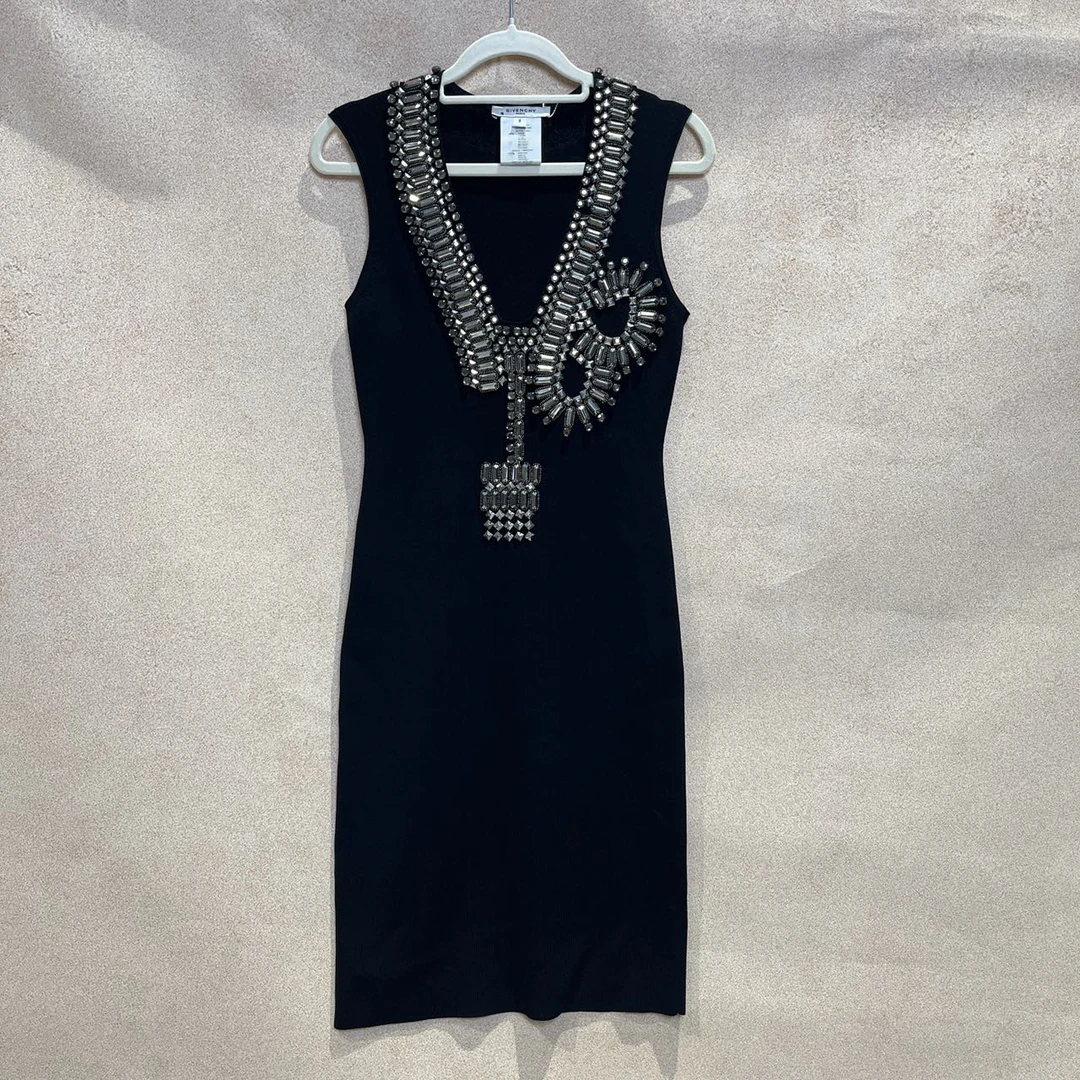 95新 Givenchy/纪梵希 蔚蓝/黑色V领水钻连衣裙  8码