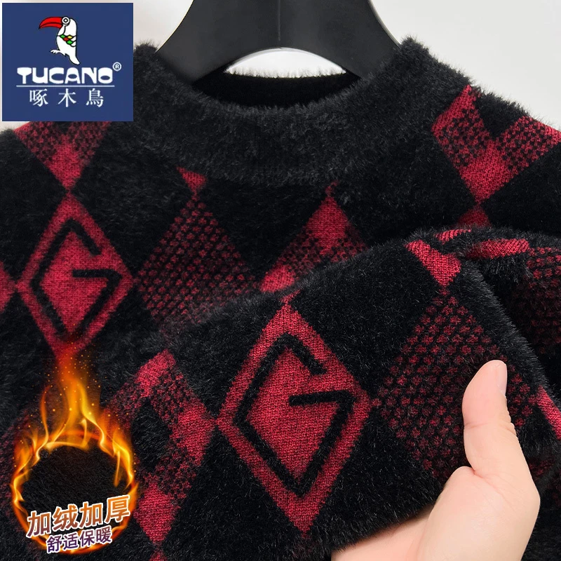 【加绒加厚】啄木鸟时尚提花格纹针织衫秋冬季圆领水貂绒舒适毛衣潮