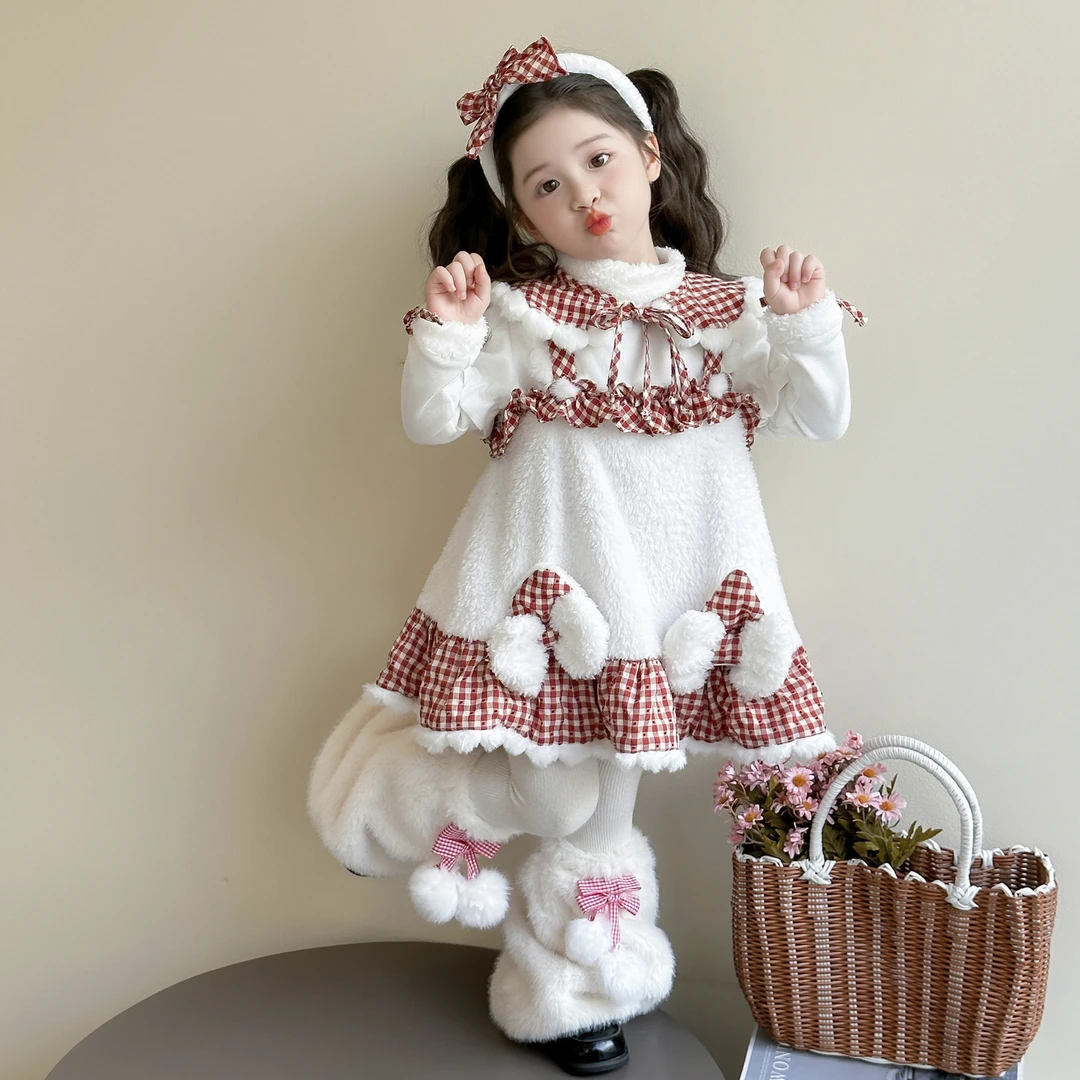 橙意女童冬款加绒格子猫公主裙套装毛绒公主保暖宝宝衣裙甜美
