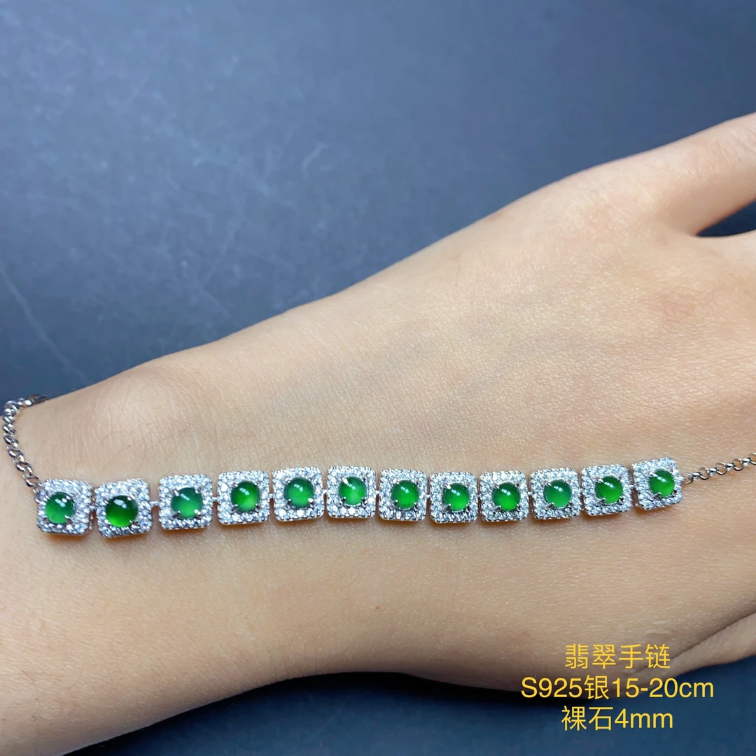 天然翡翠冰种满绿S925银手链方糖多颗女神精美气质百搭简约毛毛虫