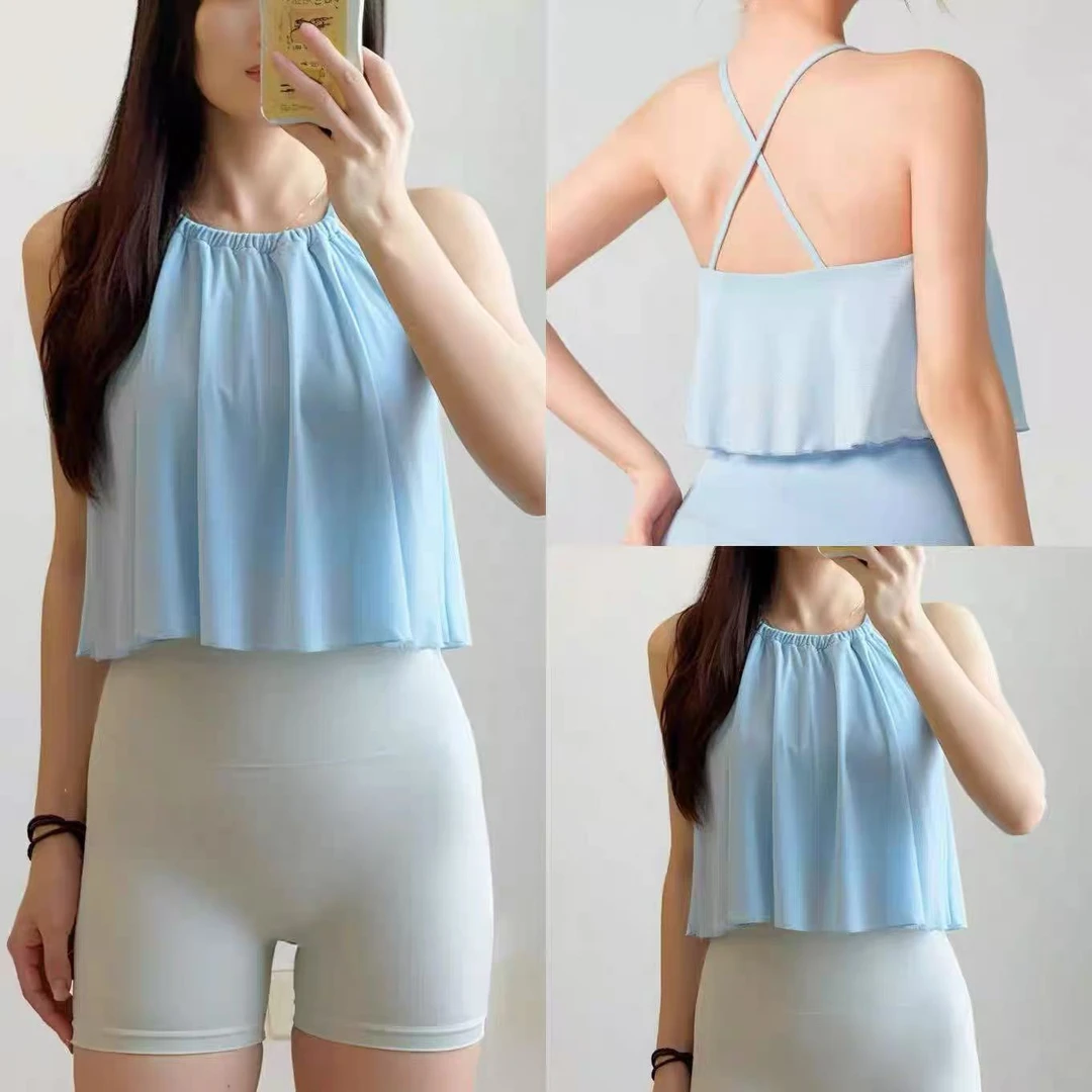 夏季云感网纱细肩带瑜伽服背心带胸垫防震健身普拉提外穿运动文胸