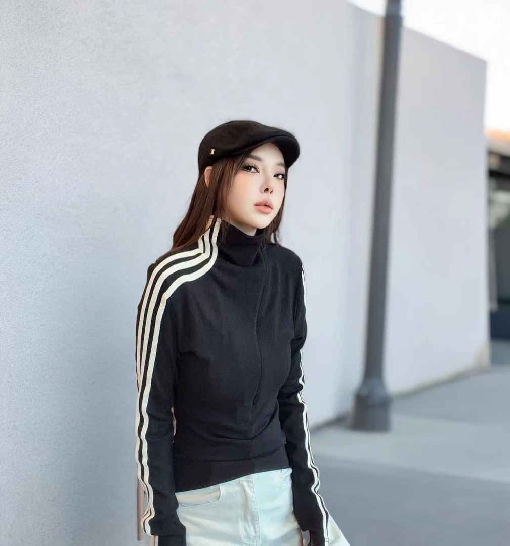 (丽丽推荐)条条斜拉链设计高领弹力T恤