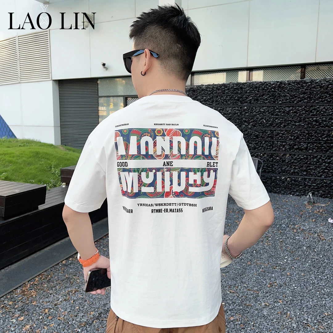 欧洲站爆品推荐2025夏季新款双纱精梳纯棉男士短袖宽松美式潮牌T