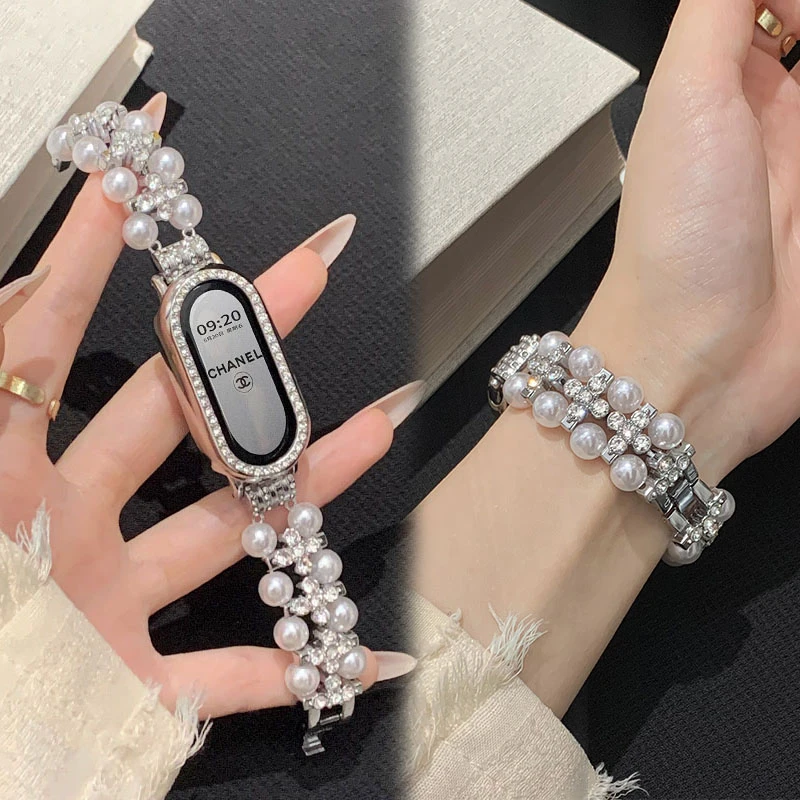 Uososo适用小米9手环表带小香风双排月光珠小米手环10表带女表链