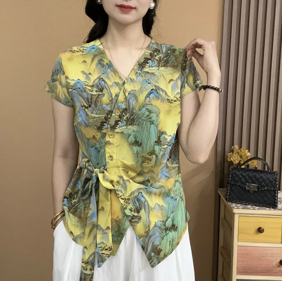 2025夏季新款山水画休闲短袖气质百搭V领显瘦开衫扣上衣小衫631
