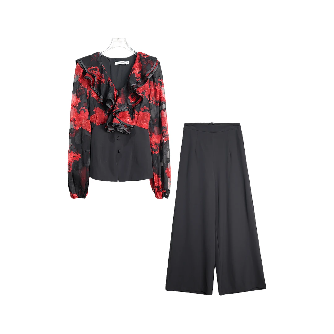 X2647【新款】印花拼接时尚轻奢桑蚕丝衬衫两件休闲套装