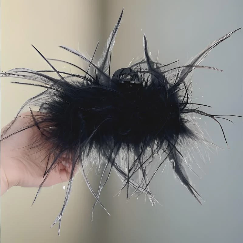 奥特莱斯轻奢新款四倍毛量大号发饰高马尾发夹女黑色毛毛抓夹头饰