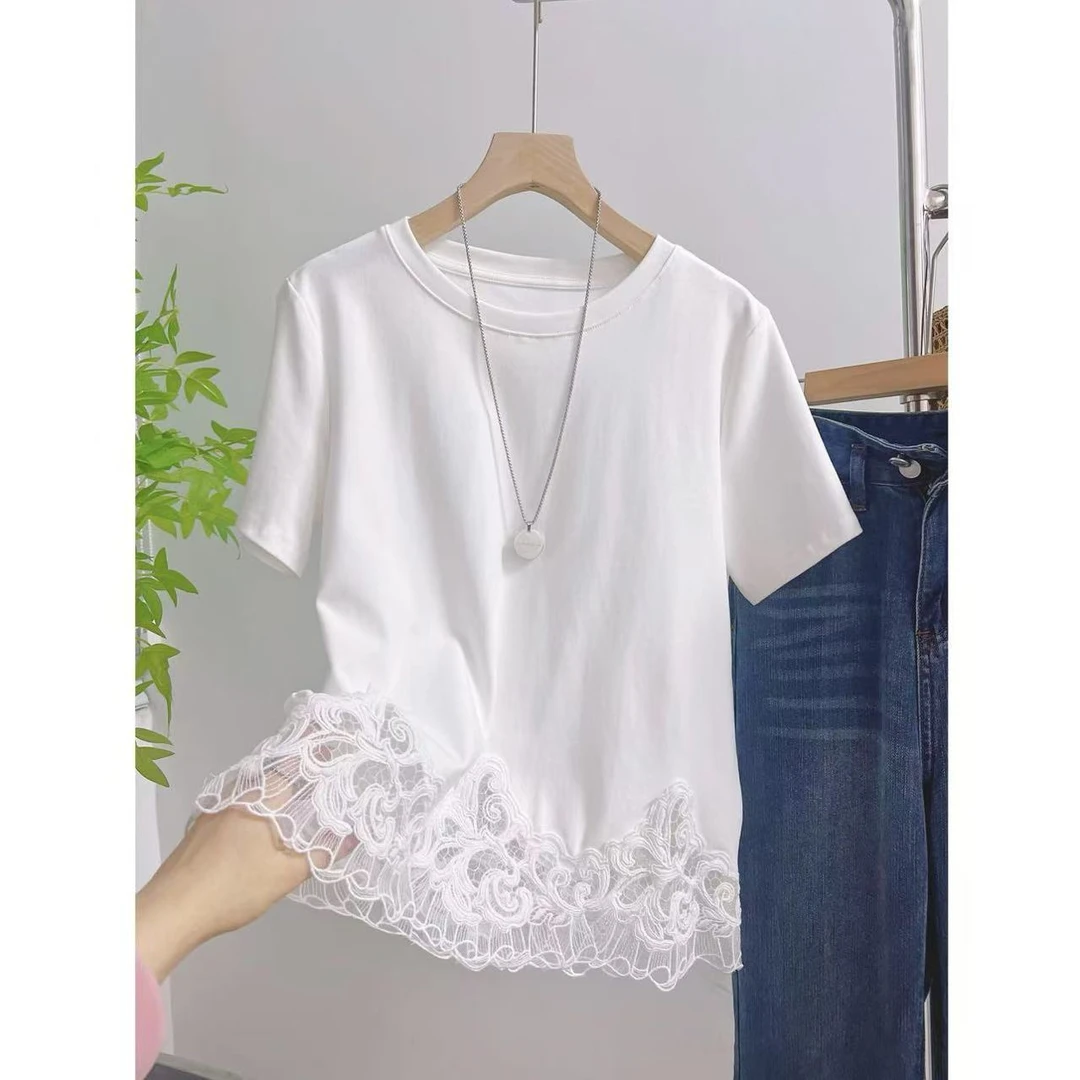 夏季新款圆领短袖T恤女设计感蕾丝花边拼接T恤Q25BT2129