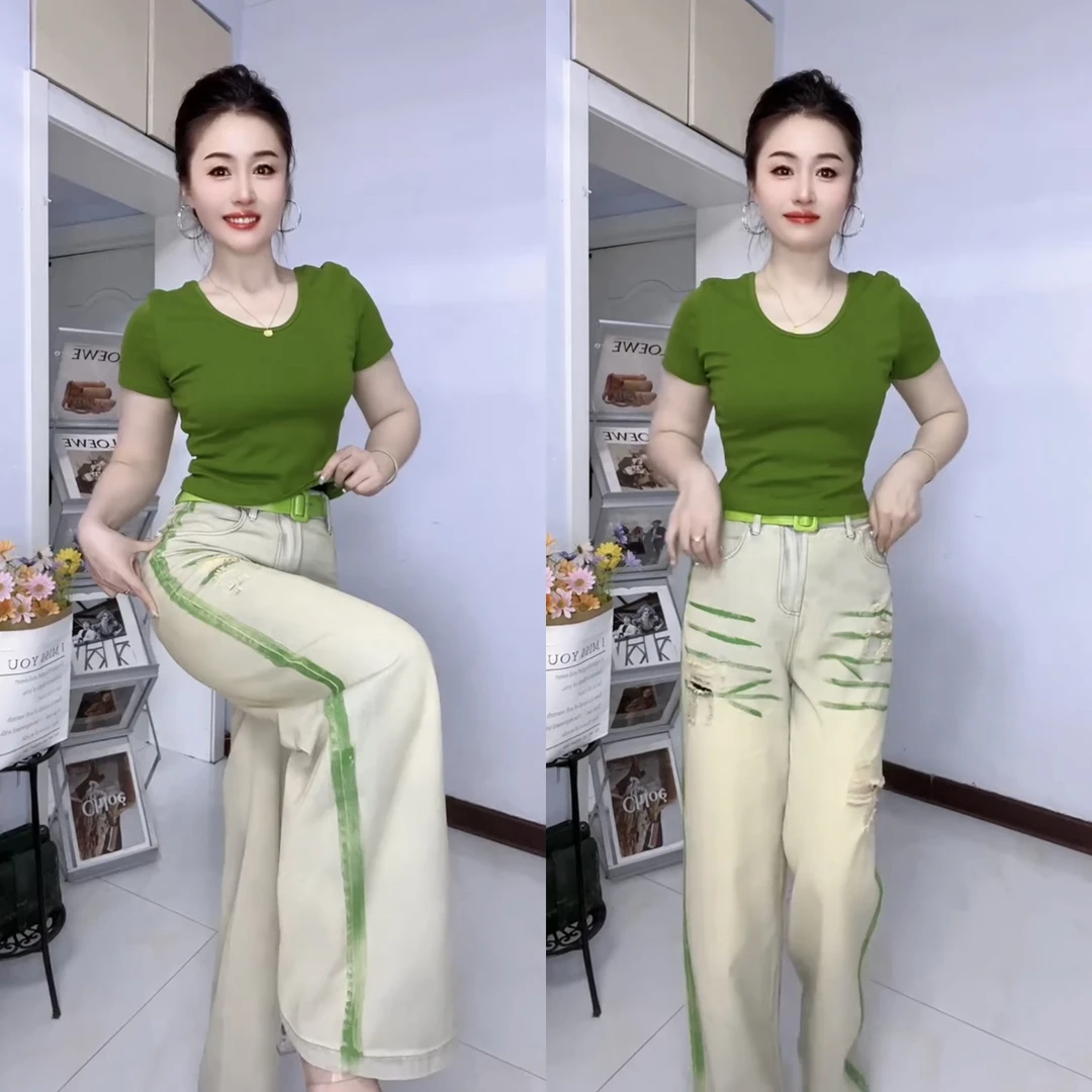 夏季多巴胺风格绿色短袖T恤搭配牛仔裤休闲套装减龄时尚