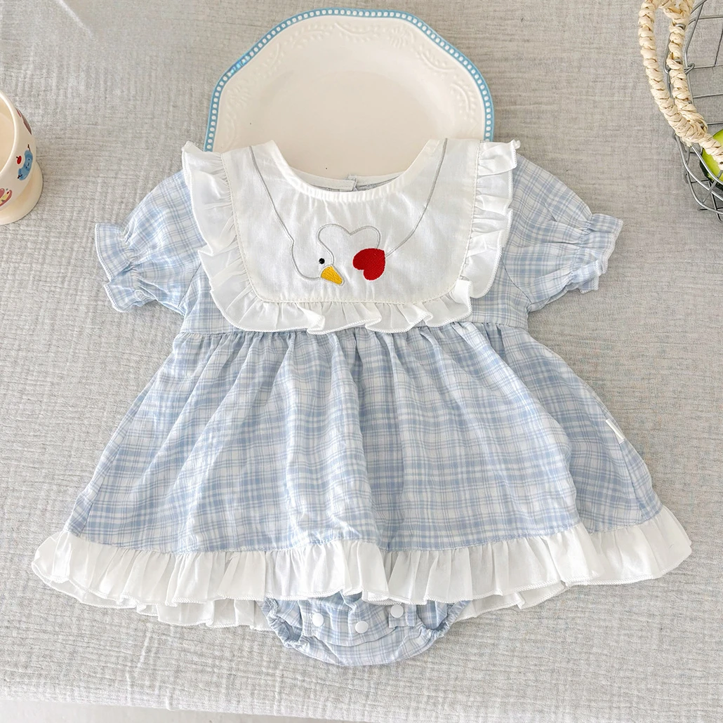 婴儿包屁裙夏季新款小童女宝宝连衣裙格子女童儿童短袖棉公主裙