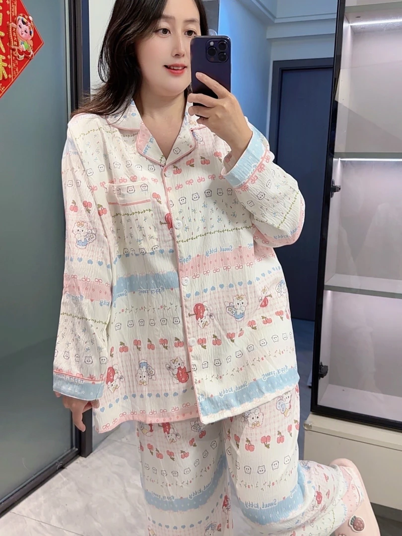 大码睡衣翻领家居服套装长袖长裤胖妹早秋新款薄款云朵棉甜美胖MM