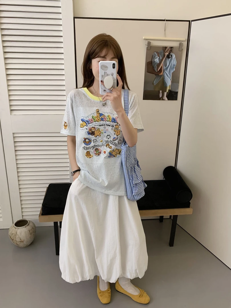 豆豆-夏季新款彩点重工刺绣加菲猫韩版圆领休闲百搭T恤-T697