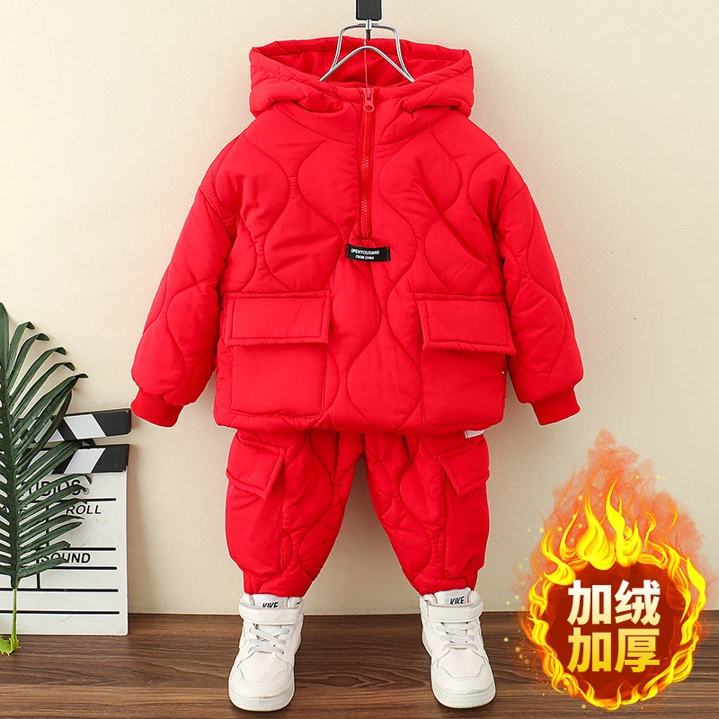 【沫沫家】宝宝童装儿童加绒加厚套装秋冬装儿童连帽保暖棉衣套装