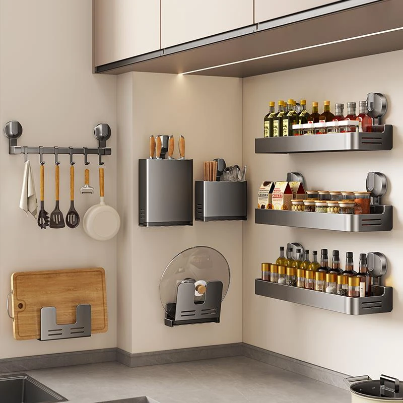 厨房吸盘置物架壁挂式刀架锅盖架调味料家用用品大全多功能收纳架