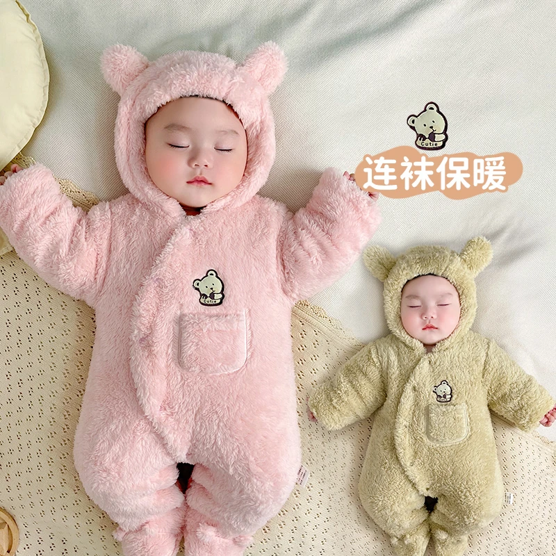 新生宝宝包脚衣服冬季毛耸耸连体衣动物服婴儿睡衣婴幼儿棉衣加厚