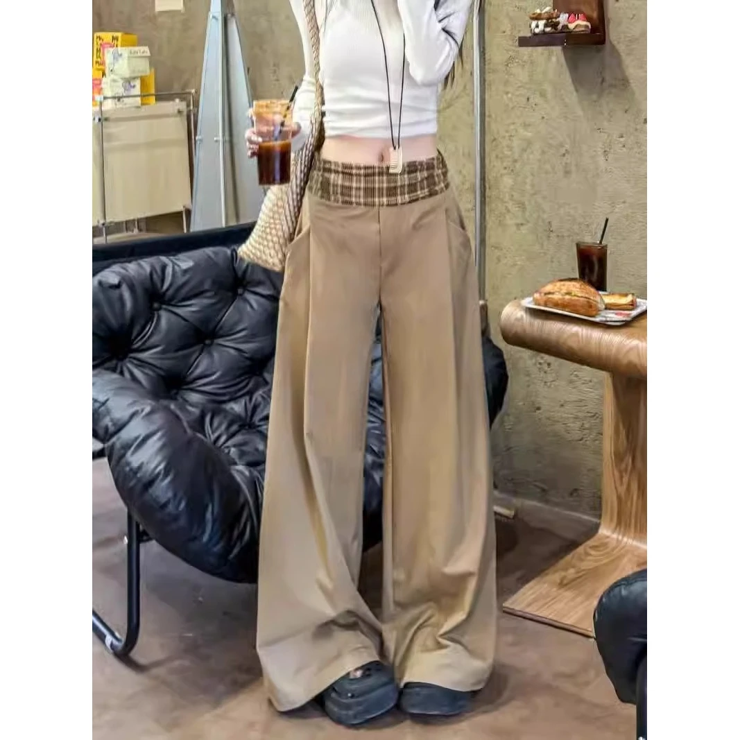 格子拼接西装裤高腰休闲裤女2025春季新款设计感慵懒风阔腿拖地裤
