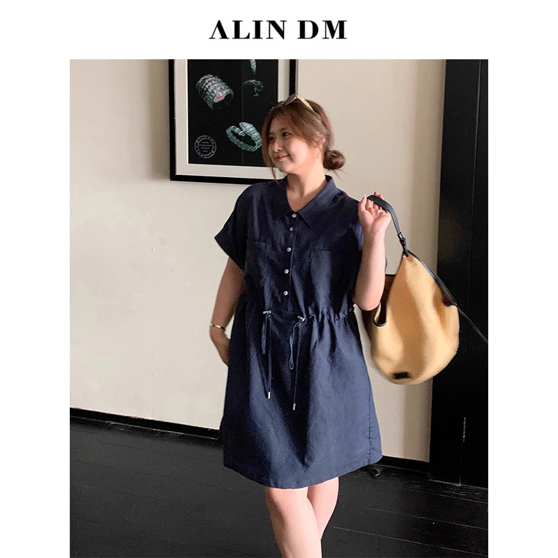 ALINDM【极简率性】大码微胖mm显瘦抽绳休闲工装连衣裙 AS26467