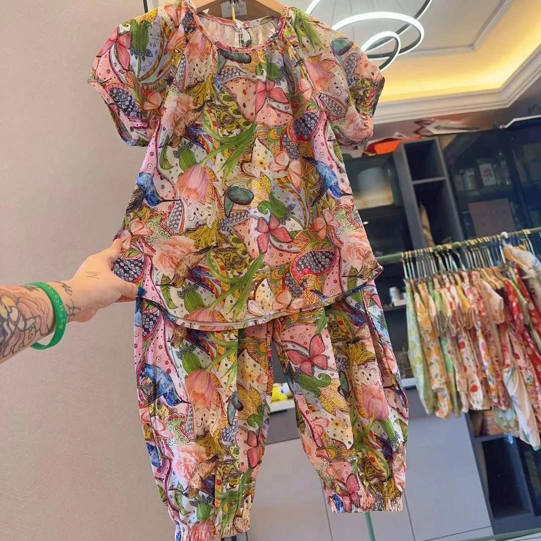 90维纳斯【女童】棉绸亲子短袖套装2025夏季女童可爱短袖长裤套装