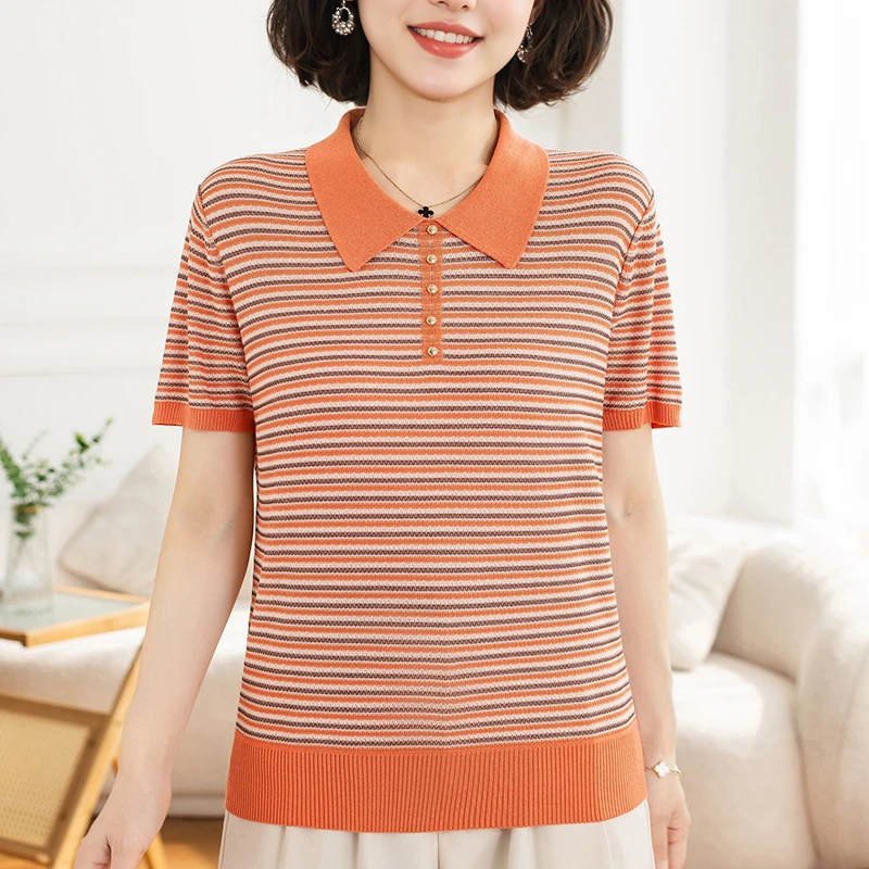 中年妈妈夏装短袖带领条纹T恤宽松大码上衣中老年女洋气小衫薄款