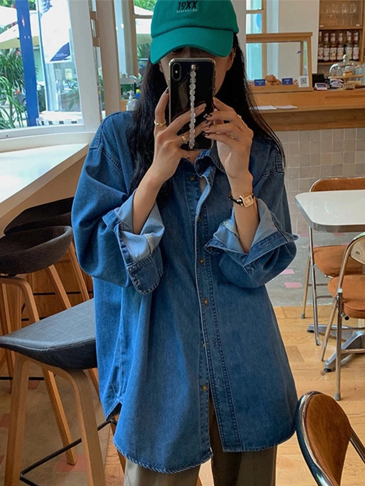 孕妇春季新款复古韩系休闲牛仔衬衫中长款上衣外套