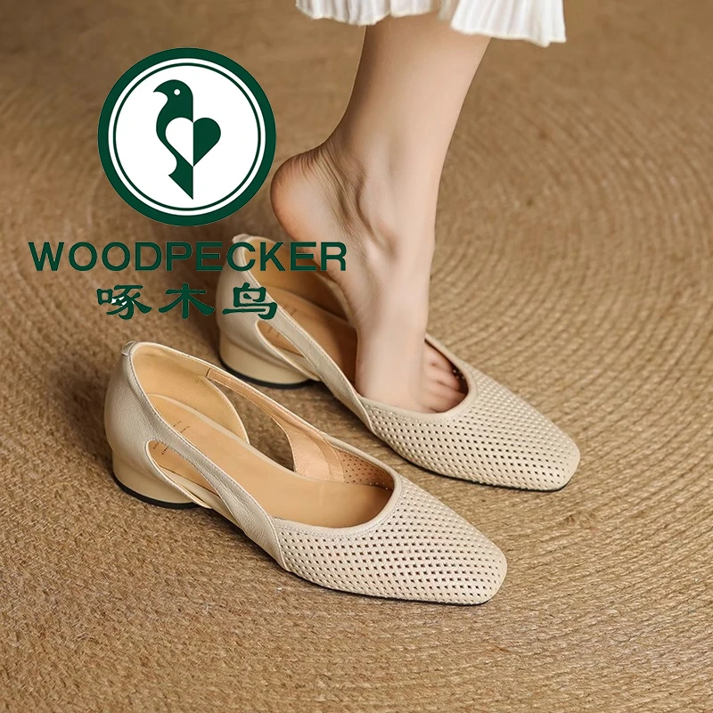 啄木鸟软镂空透气方头单鞋女2025夏季新款低跟粗跟软底配裙子女鞋