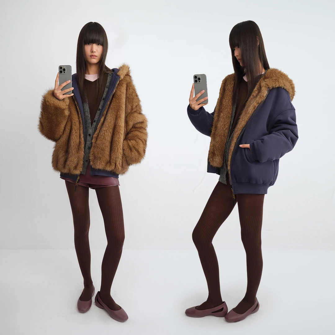 人造皮草 正反两穿短款环保皮草连帽卫衣外套 藏蓝